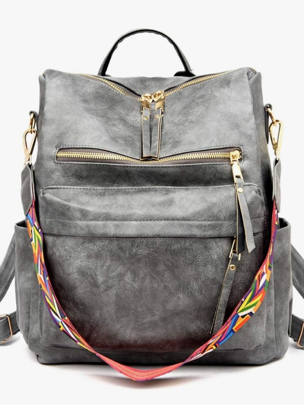 Gray Women's Leather-Style Backpack with Colorful Strap